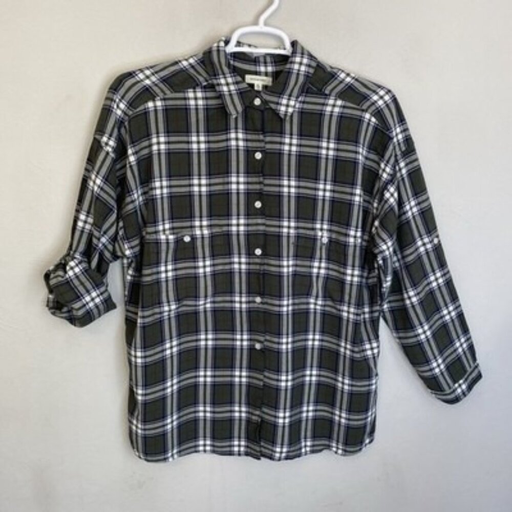 Max Studio Buffalo Plaid Shirt Green & White XL Adjustable Long Sleeves Rayon - Picture 4 of 12